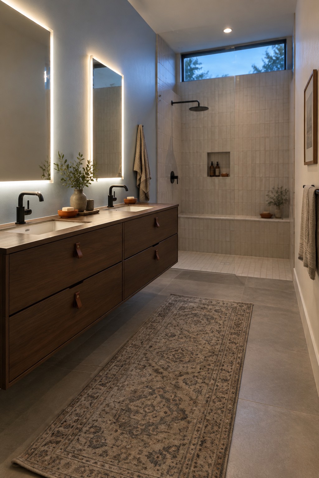 A bathroom with soft light blue walls, a floating wood vanity, and a tiled shower.