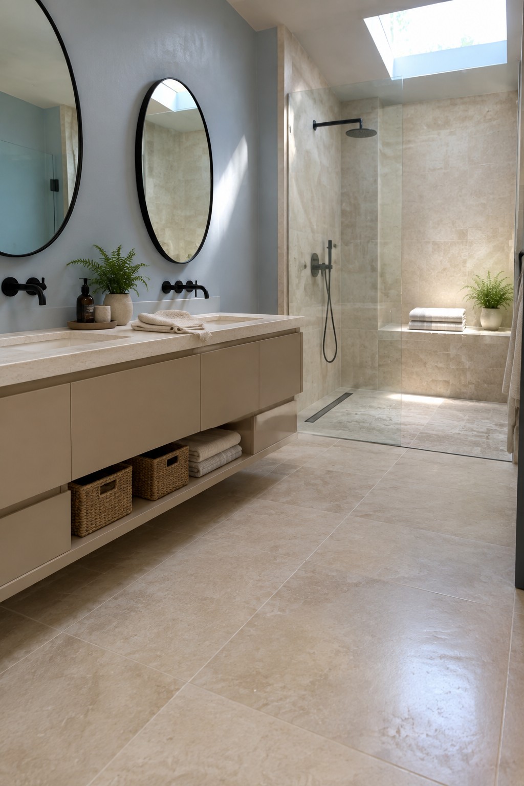 Modern bathroom with beige double vanity, round mirrors, and glass shower.