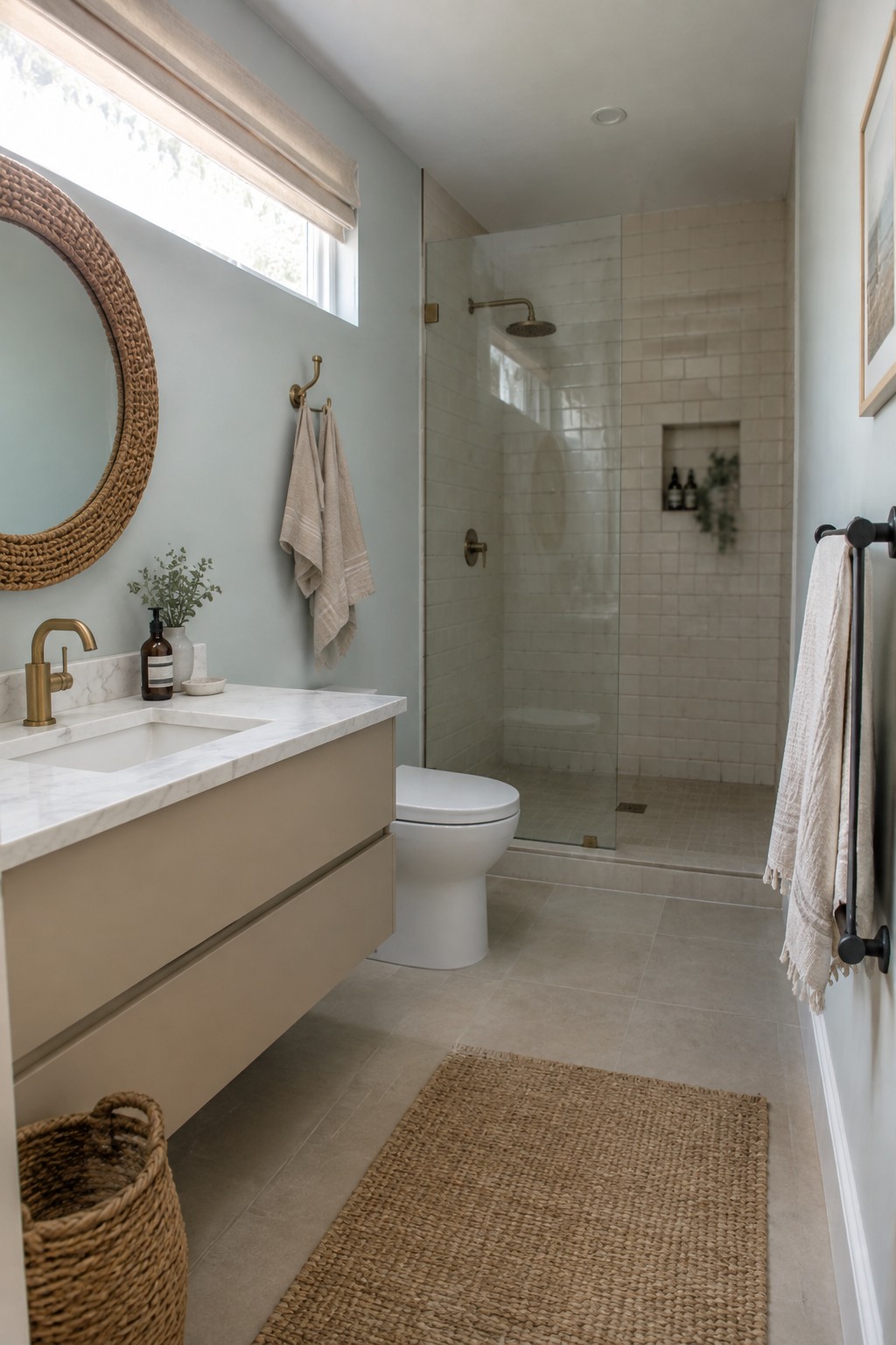 Bathroom with soft light blue walls and a floating beige vanity.