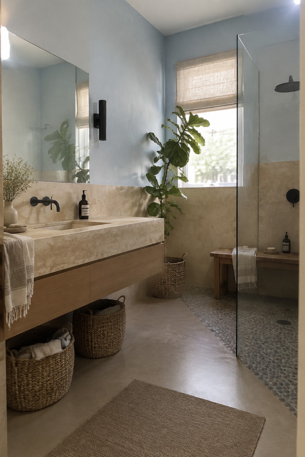 Bathroom with soft light blue walls paired with warm beige stone and wood.