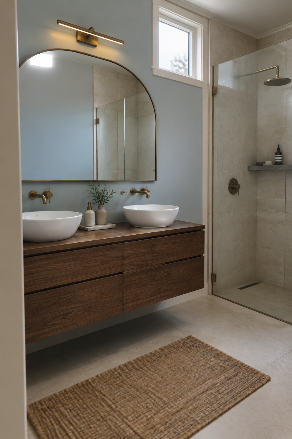 A bathroom featuring soft light blue walls paired with a dark wood floating vanity.