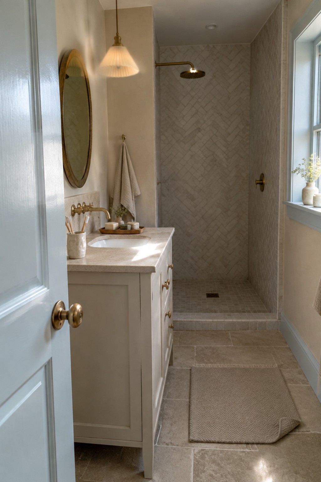 Elegant neutral bathroom with marble herringbone shower, white vanity, brass fixtures, and blue door.