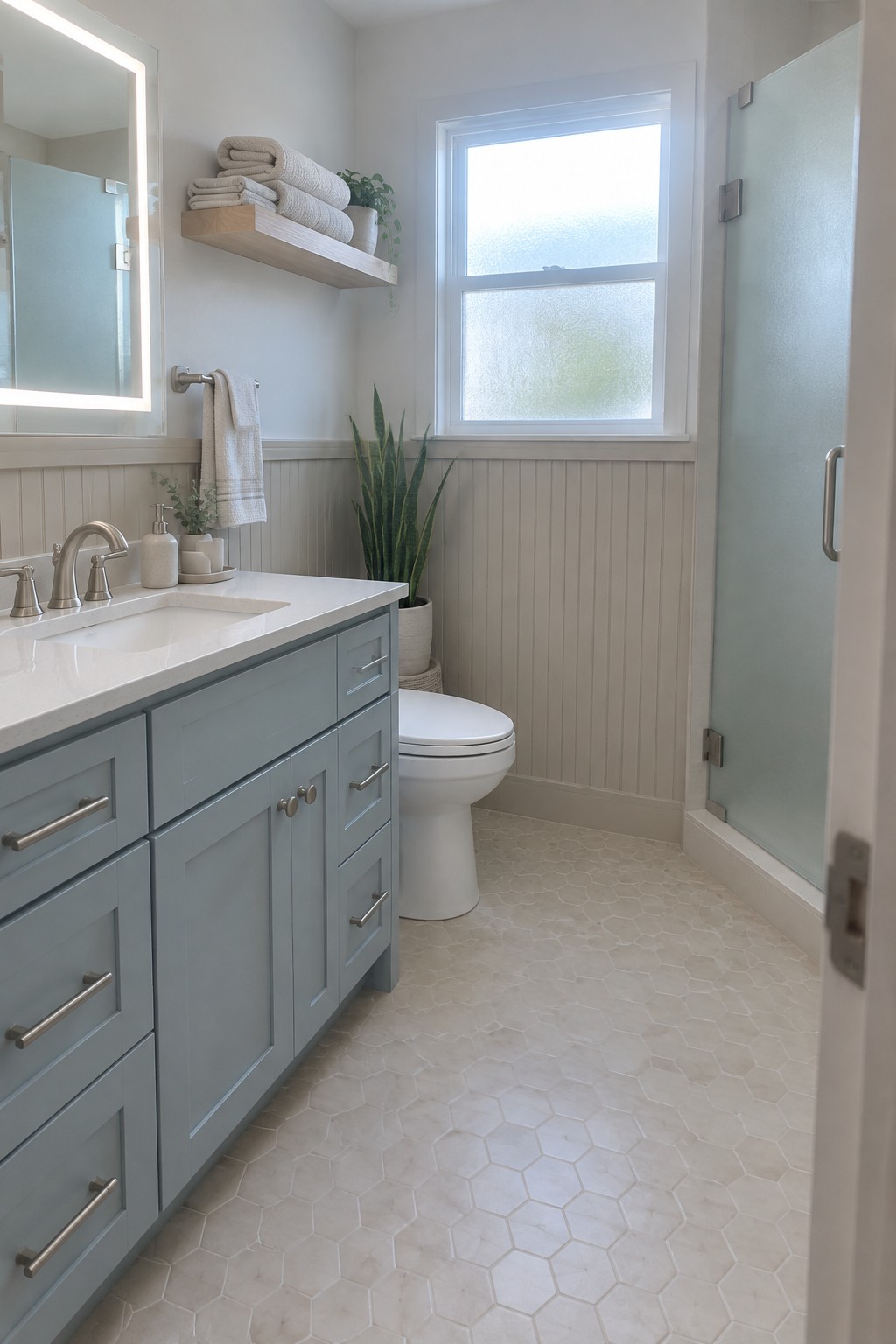Bathroom vanity painted in a soft blue-gray with beige wainscoting and white countertop.