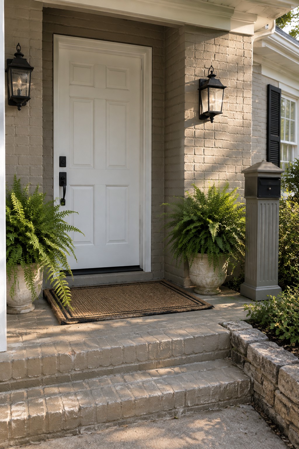 White door on brick porch with potted ferns, doormat, and black lanterns
