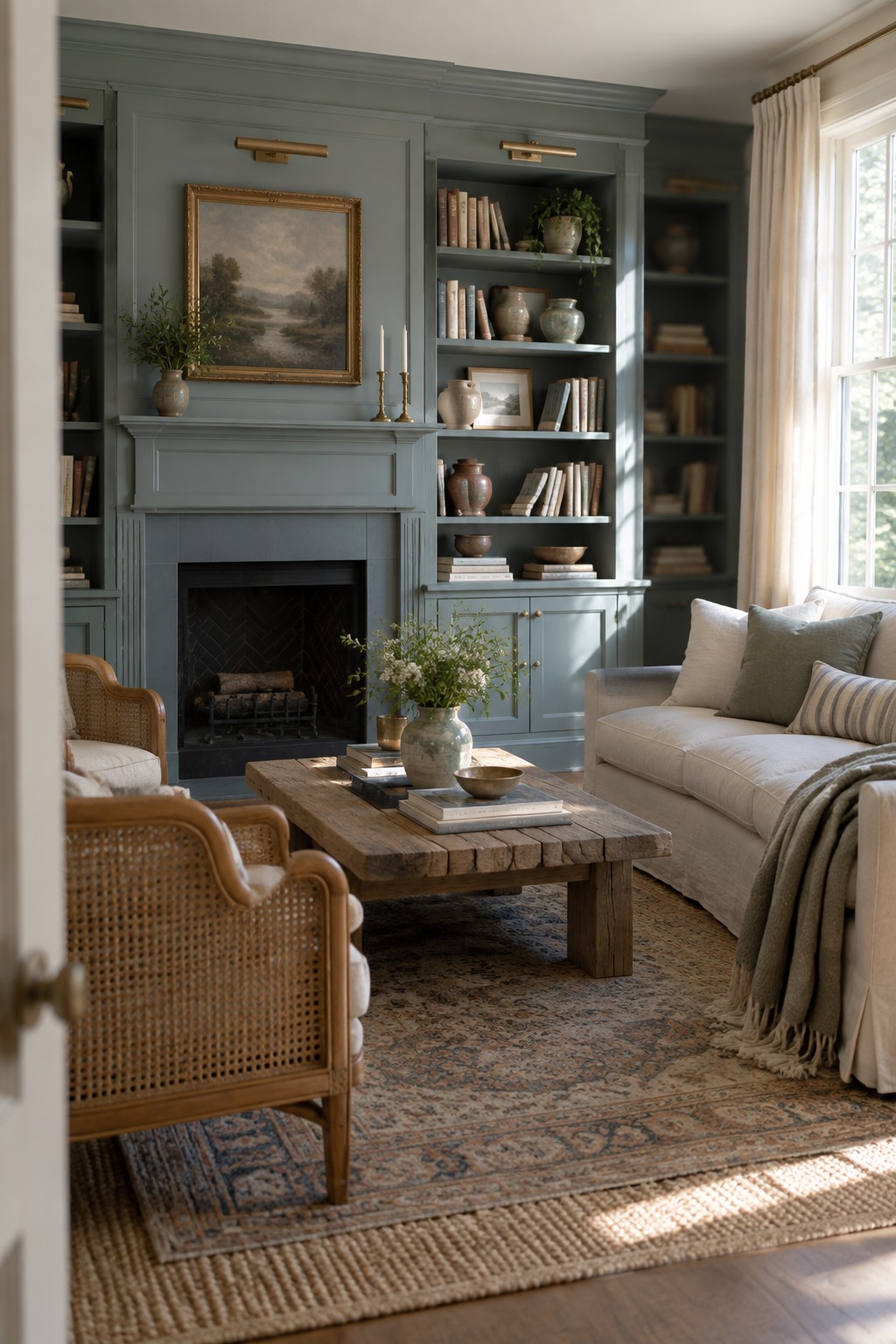 Built-in bookcases and fireplace painted in a soft French blue in a living room with wood furniture.