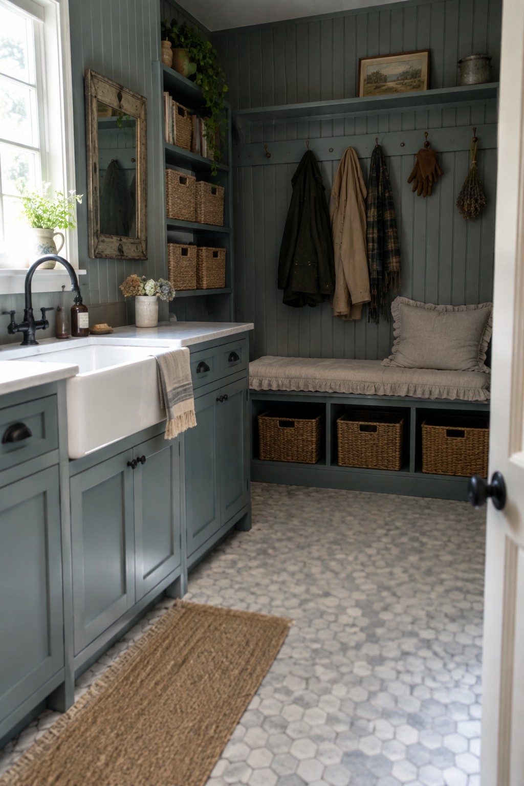 A mudroom with matching French blue paint on the walls, cabinets, and built-in bench.