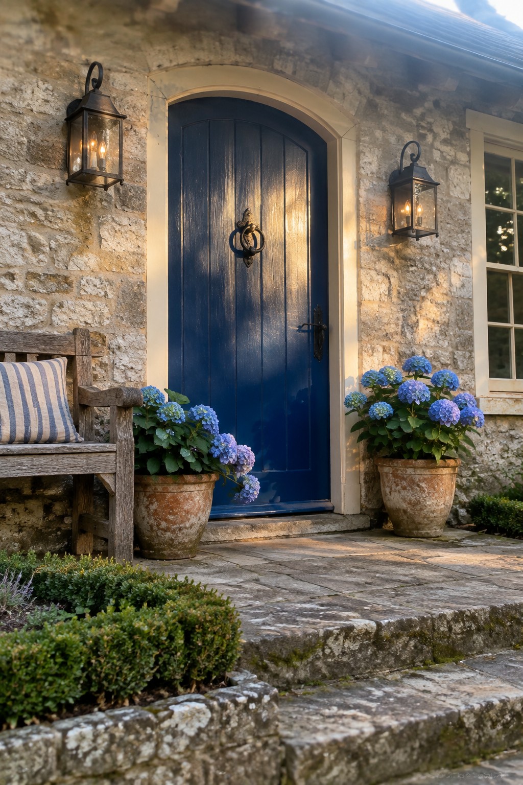 A deep French blue door set in a stone exterior with potted plants nearby.