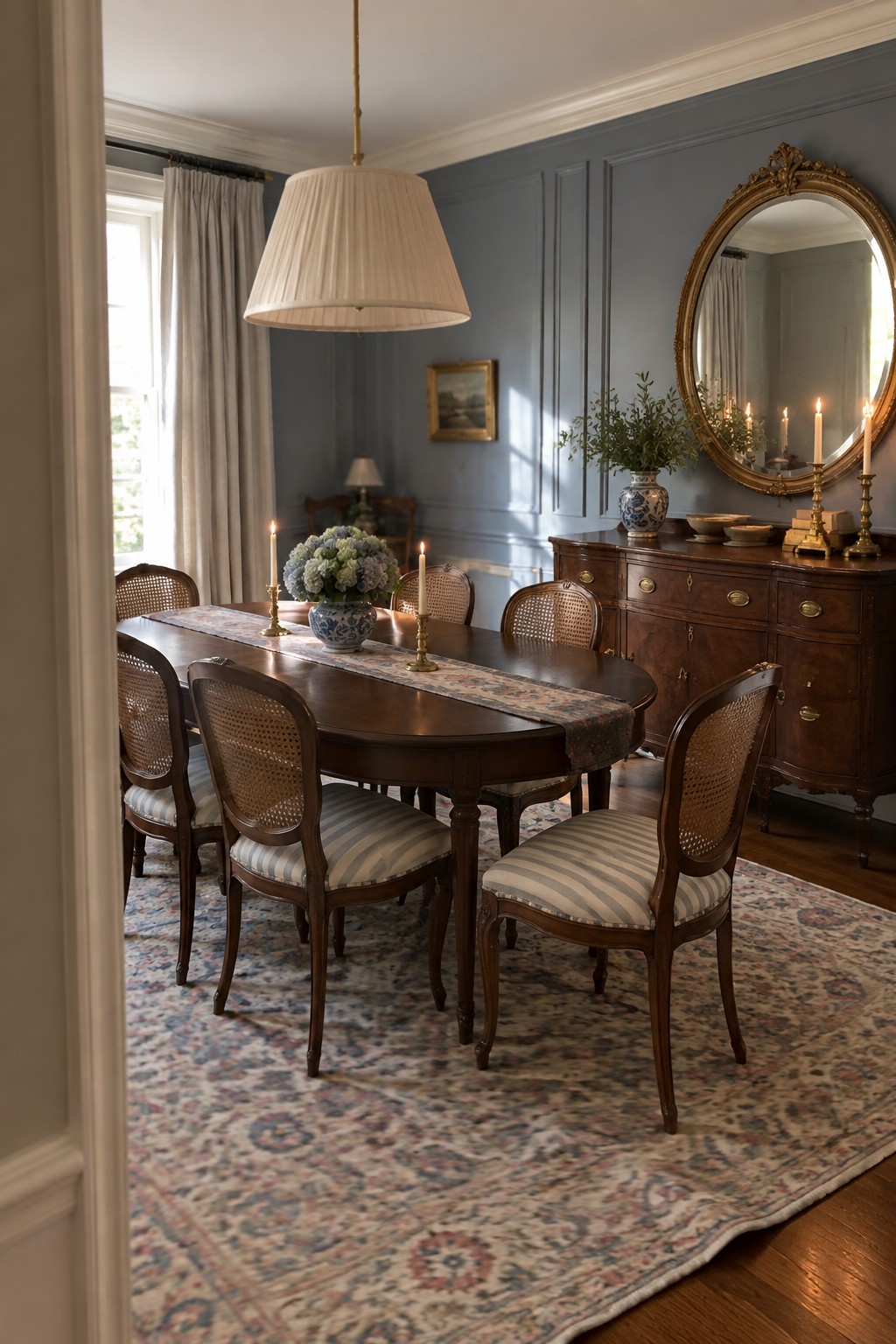 Soft French blue walls in a traditional dining room with dark wood furniture.
