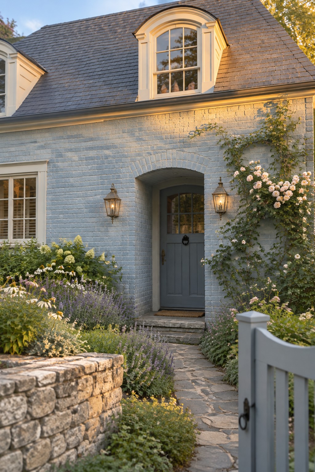 Charming light blue brick cottage with arched door, lanterns, roses, and stone path.