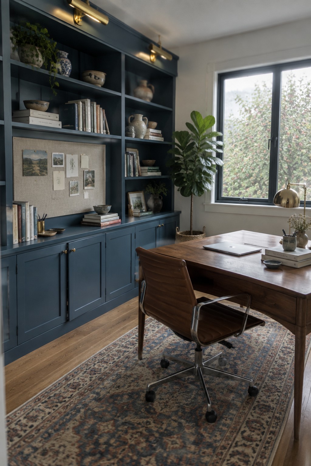 Deep French blue built-in cabinetry and shelving in a home office with wood desk and patterned rug.