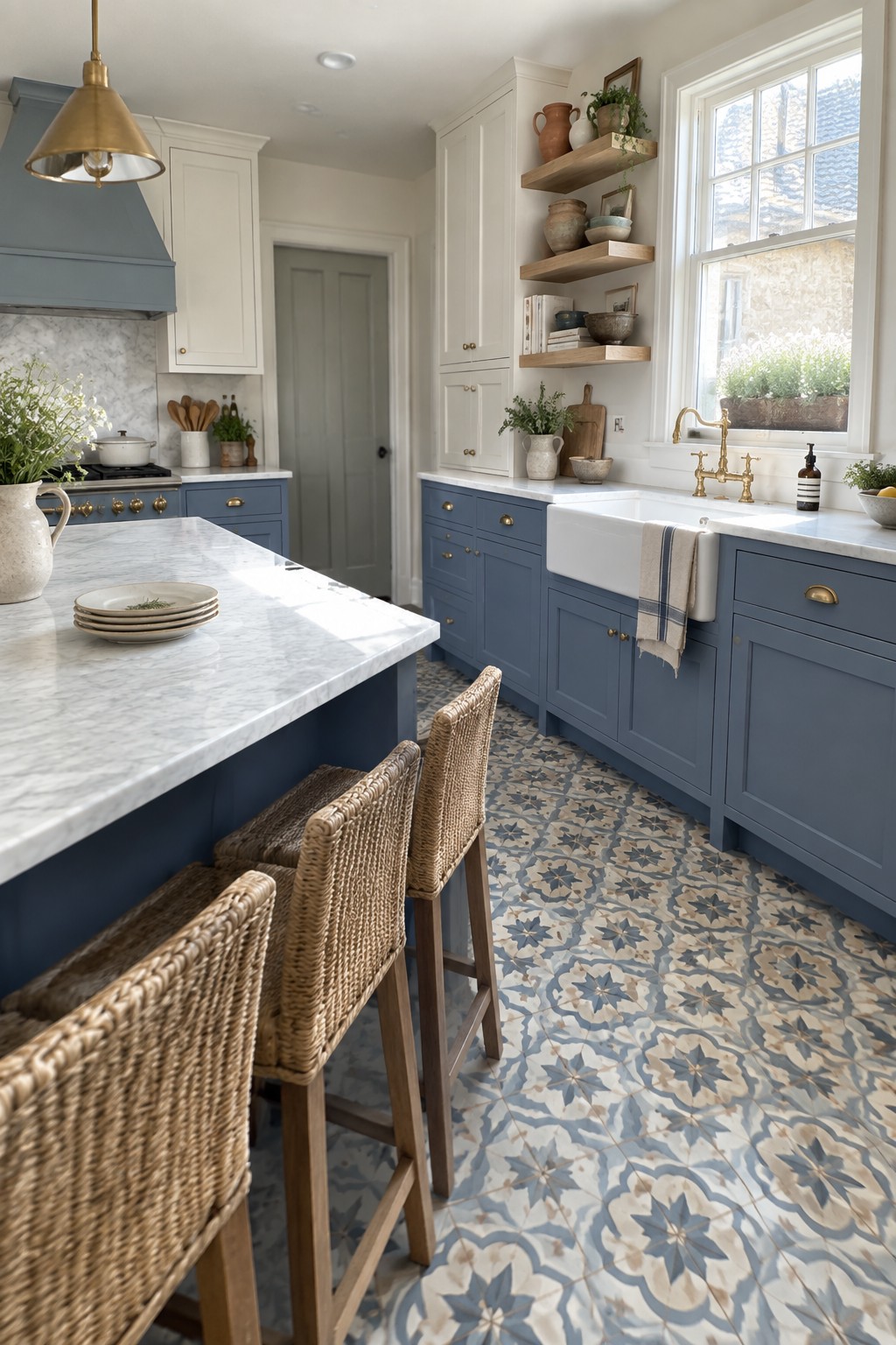 Blue kitchen with marble island, woven bar stools, and patterned tile floor.