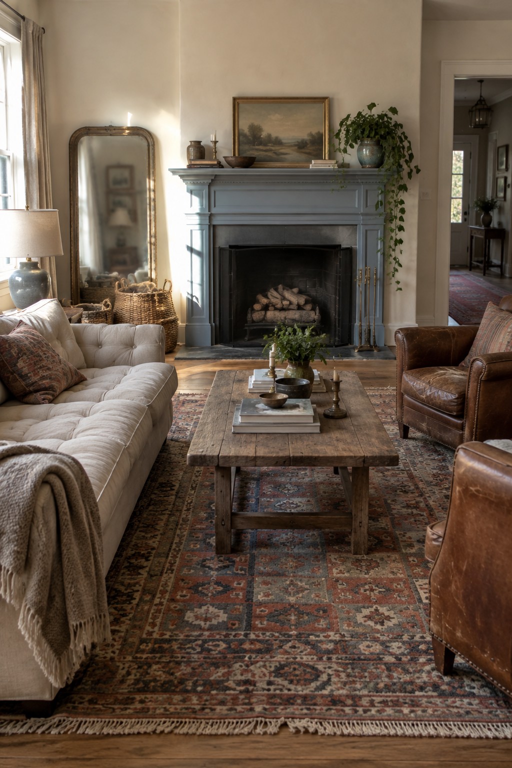 Cozy living room with white sofa, leather chairs, rustic coffee table, and blue fireplace mantel