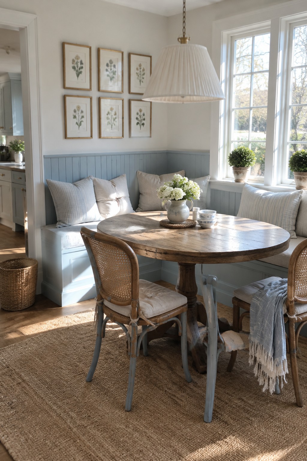 Soft French blue wainscoting and built-in bench in a dining nook with wood table and chairs.