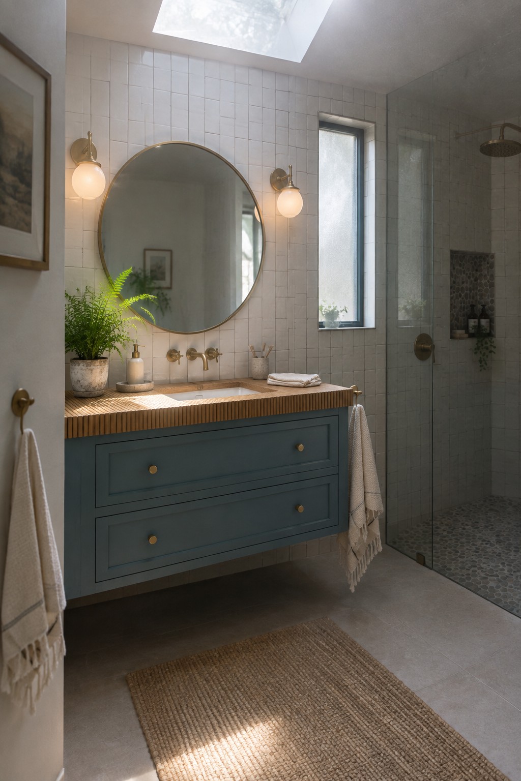 Modern bathroom with blue floating vanity, round gold mirror, and tiled shower