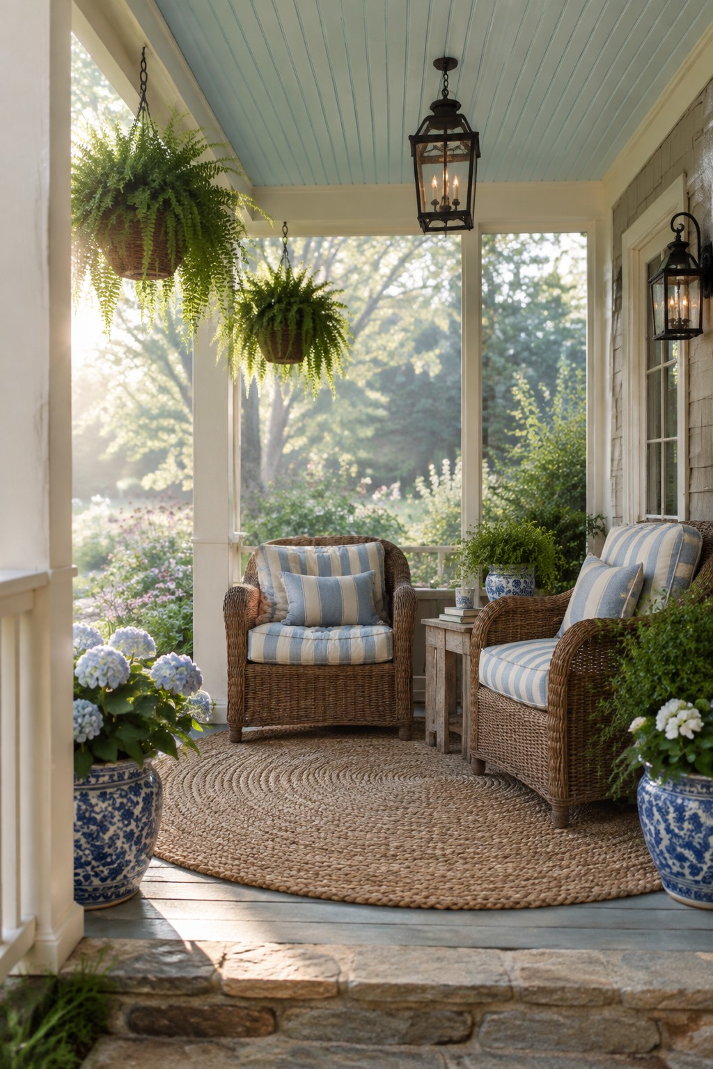 Cozy porch with wicker chairs, striped cushions, round rug, hanging ferns, and potted plants.