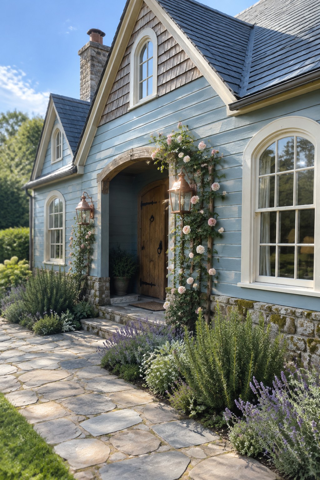 Light blue cottage with pink roses climbing over arched wooden door and stone path.