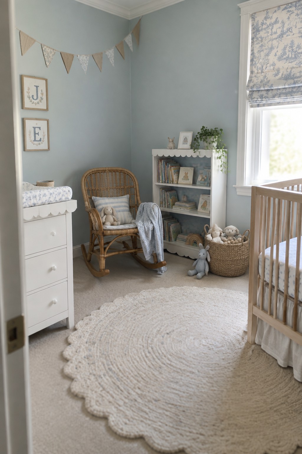 Soft blue walls in a light-filled nursery with white furniture and natural wicker accents.