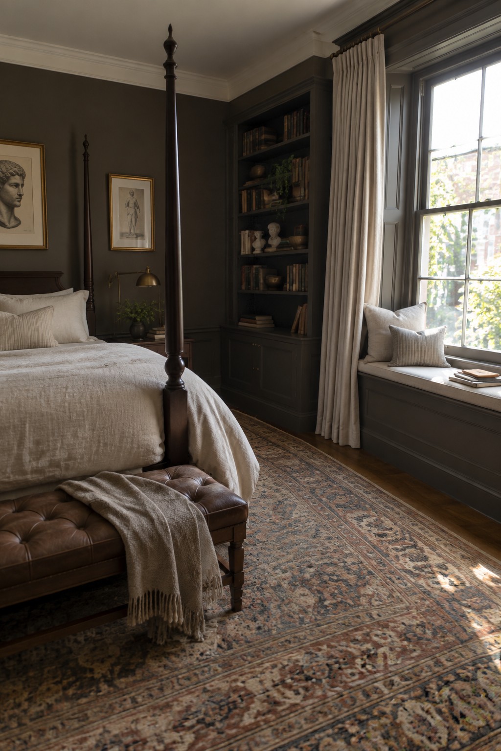 Elegant dark bedroom with four-poster bed, tufted leather bench, patterned rug, and bookshelves.