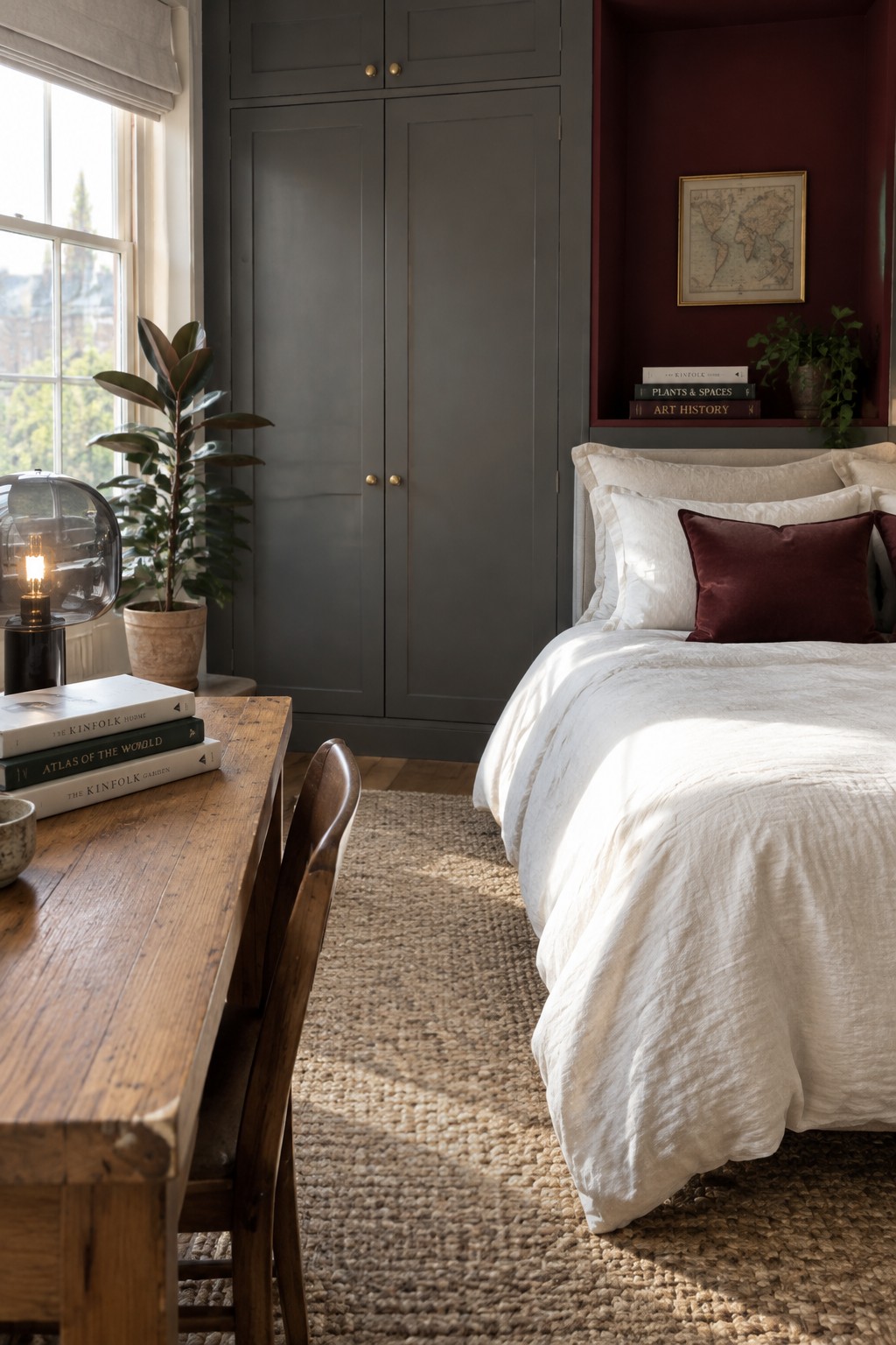 Dark charcoal painted wardrobe in a bedroom with wood flooring and white bedding.