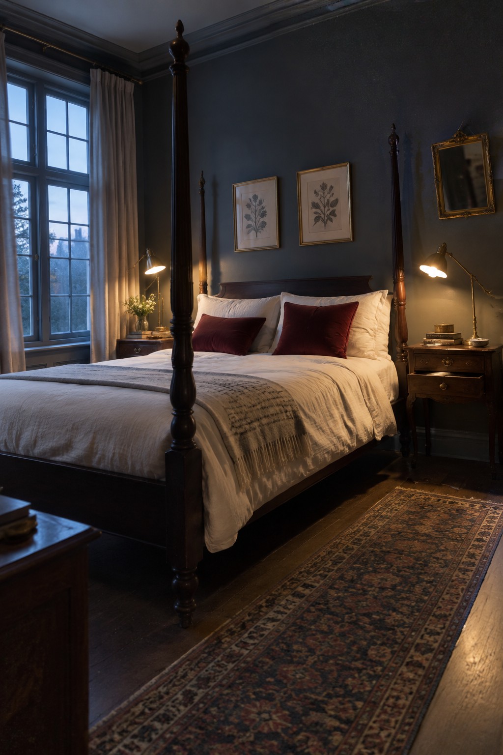 Dark blue bedroom with four-poster bed, white linens, red pillows, and wooden nightstands