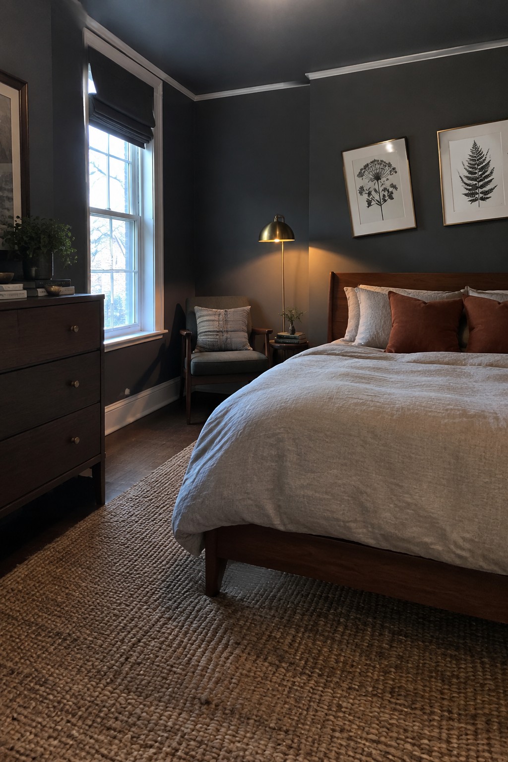 Dark bedroom with wooden bed, beige linens, rust pillows, woven rug, and botanical prints