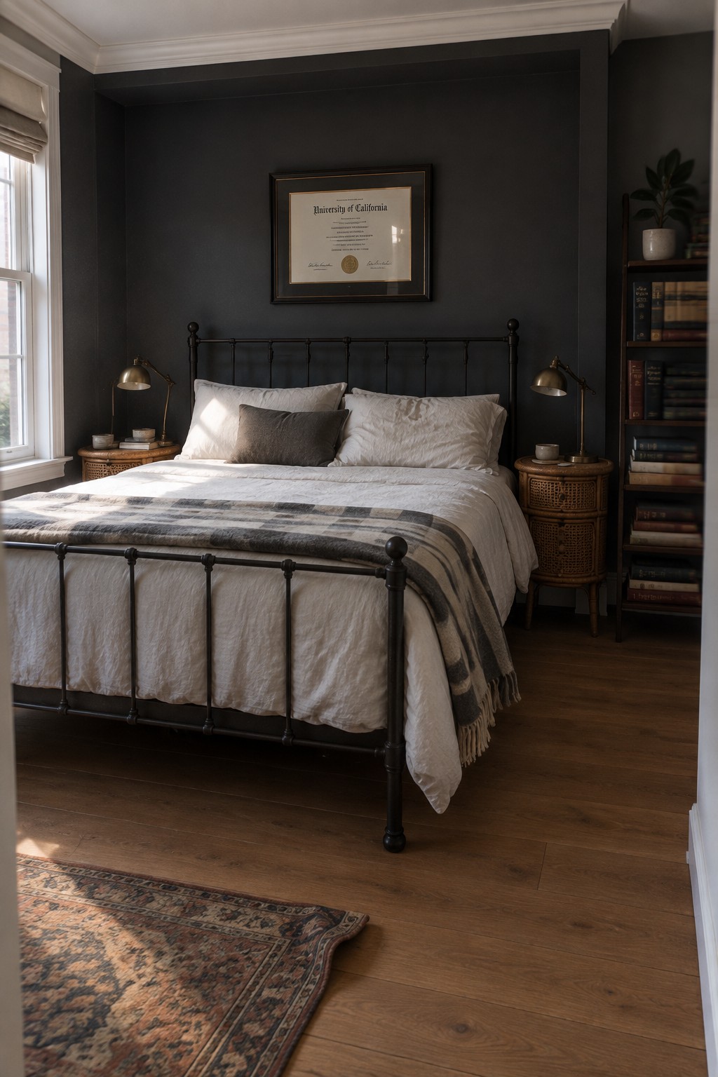 A bedroom with deep charcoal walls, a black metal bed, and warm wood flooring.