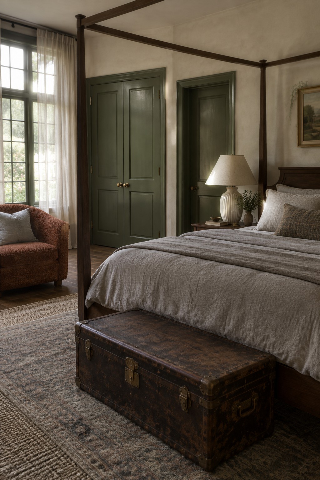 Bedroom doors painted deep forest green next to a dark wood four-poster bed.