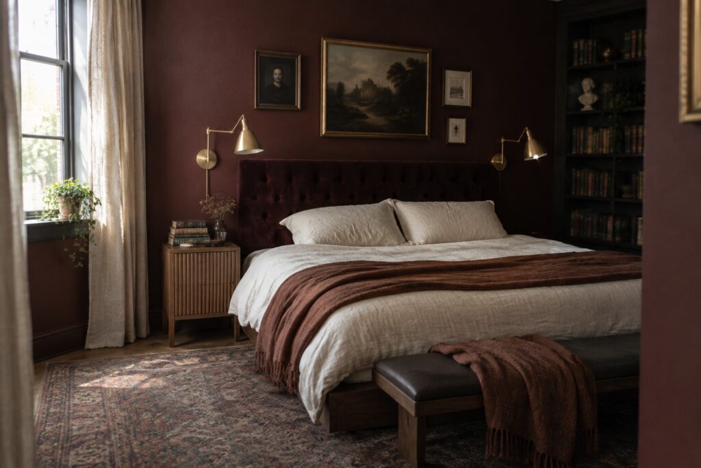 Bedroom with dark red walls, tufted velvet headboard, white linens, and brass sconces.