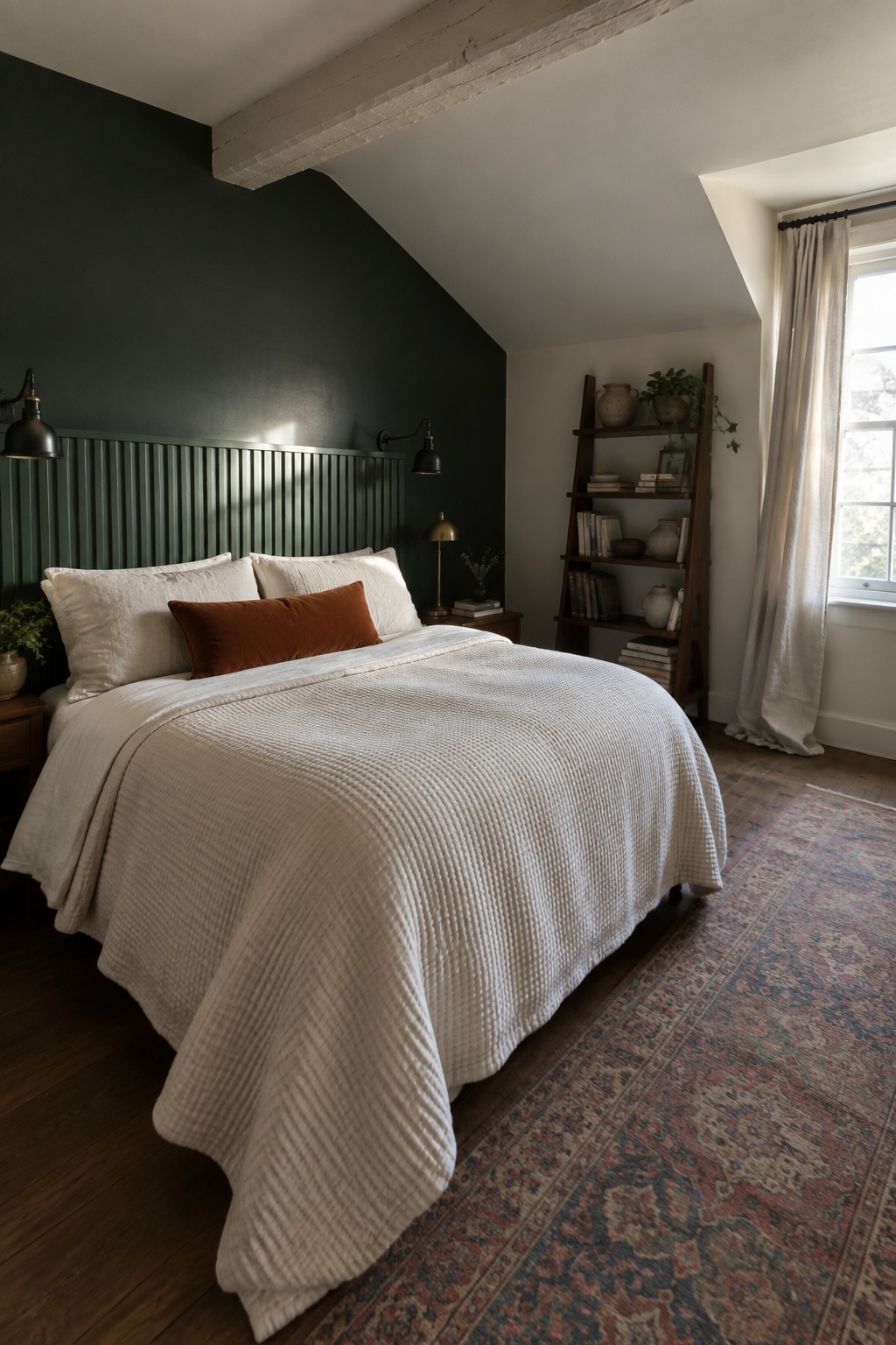 Cozy bedroom with dark green wall, white textured bedding, wooden ladder shelf, and rug.