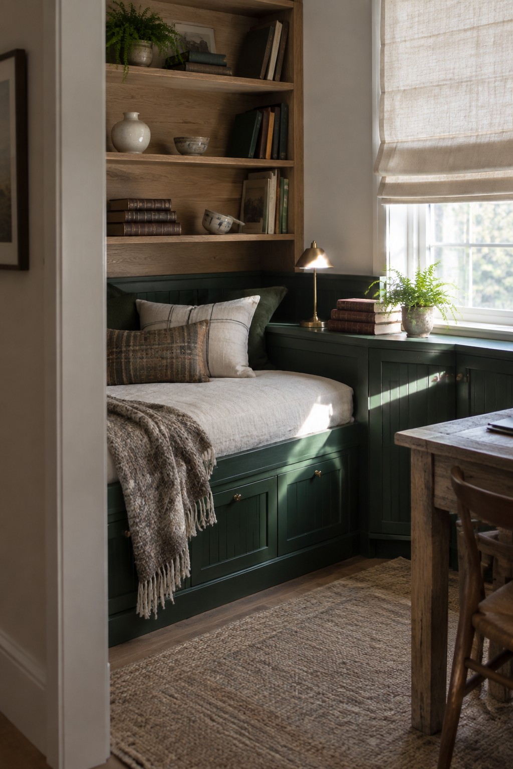 Cozy green built-in window seat with pillows, bookshelves, and wooden table in sunlit room.