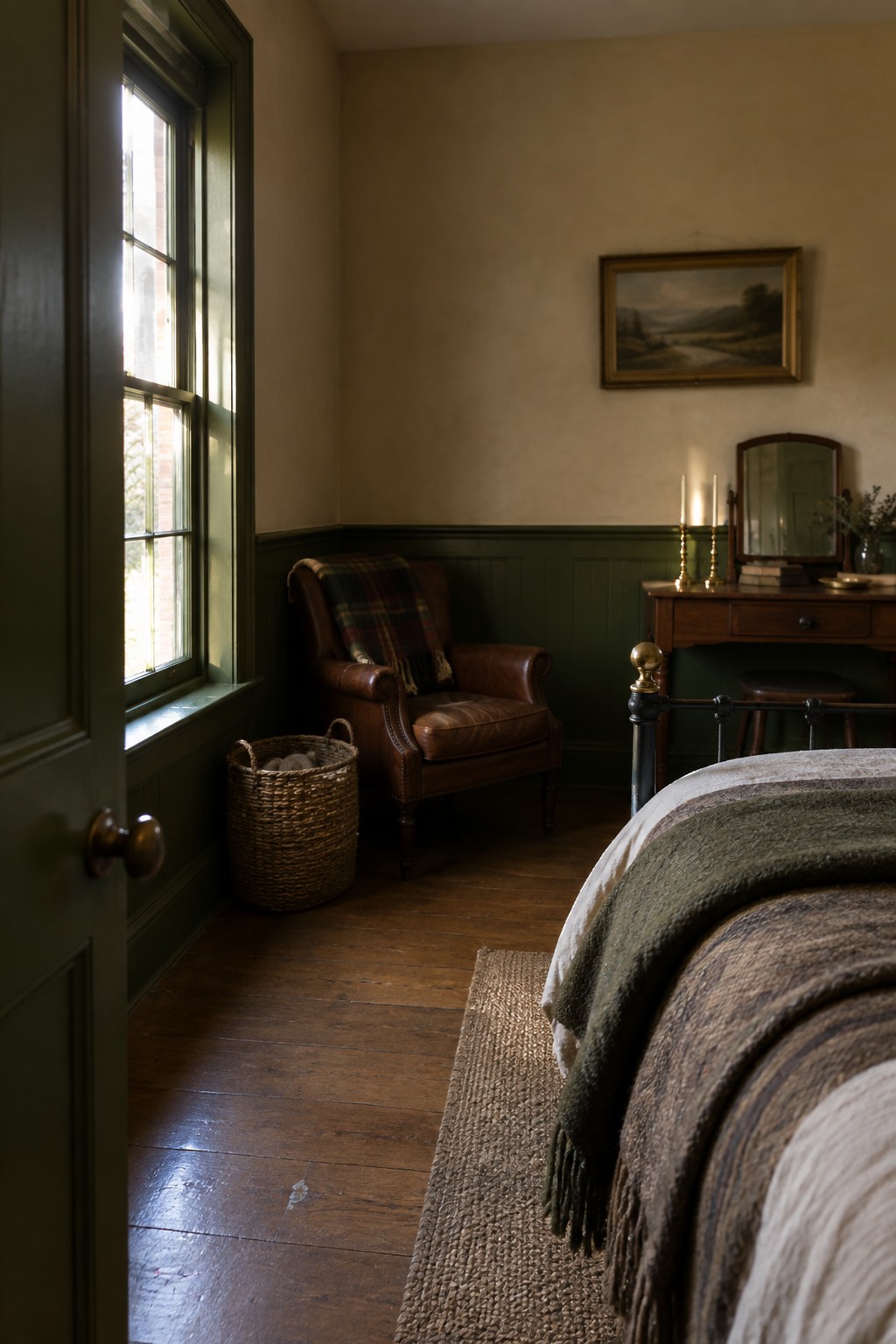 Cozy bedroom with leather armchair, plaid throw, wooden bed, and green walls.