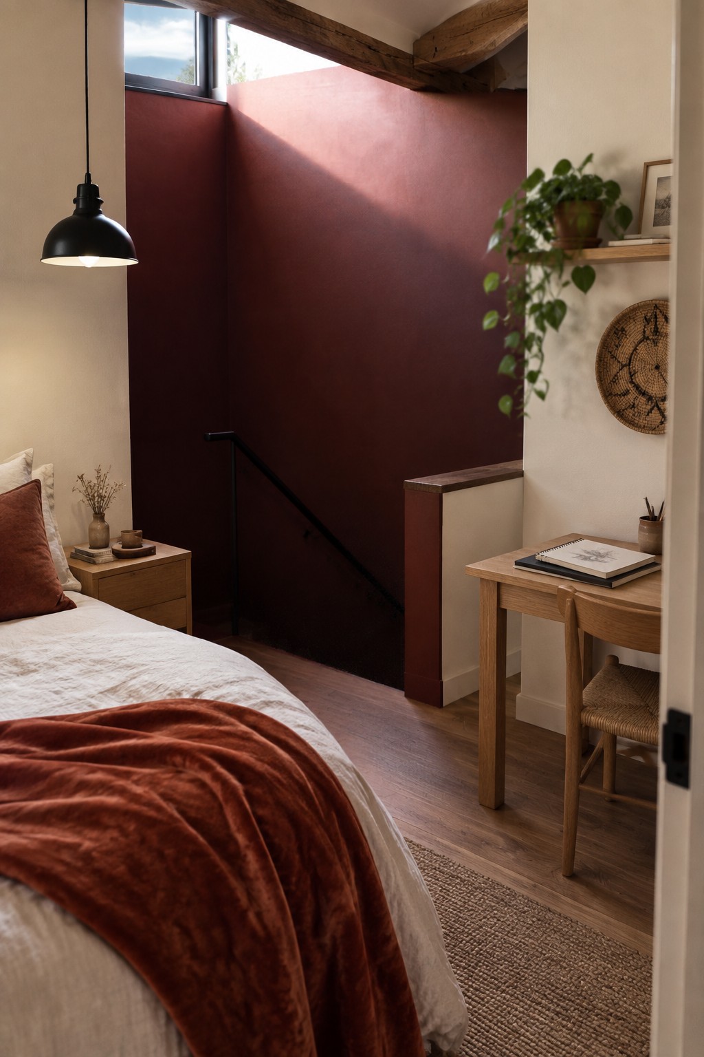 A bedroom wall painted deep oxblood red next to warm wood flooring and beams.