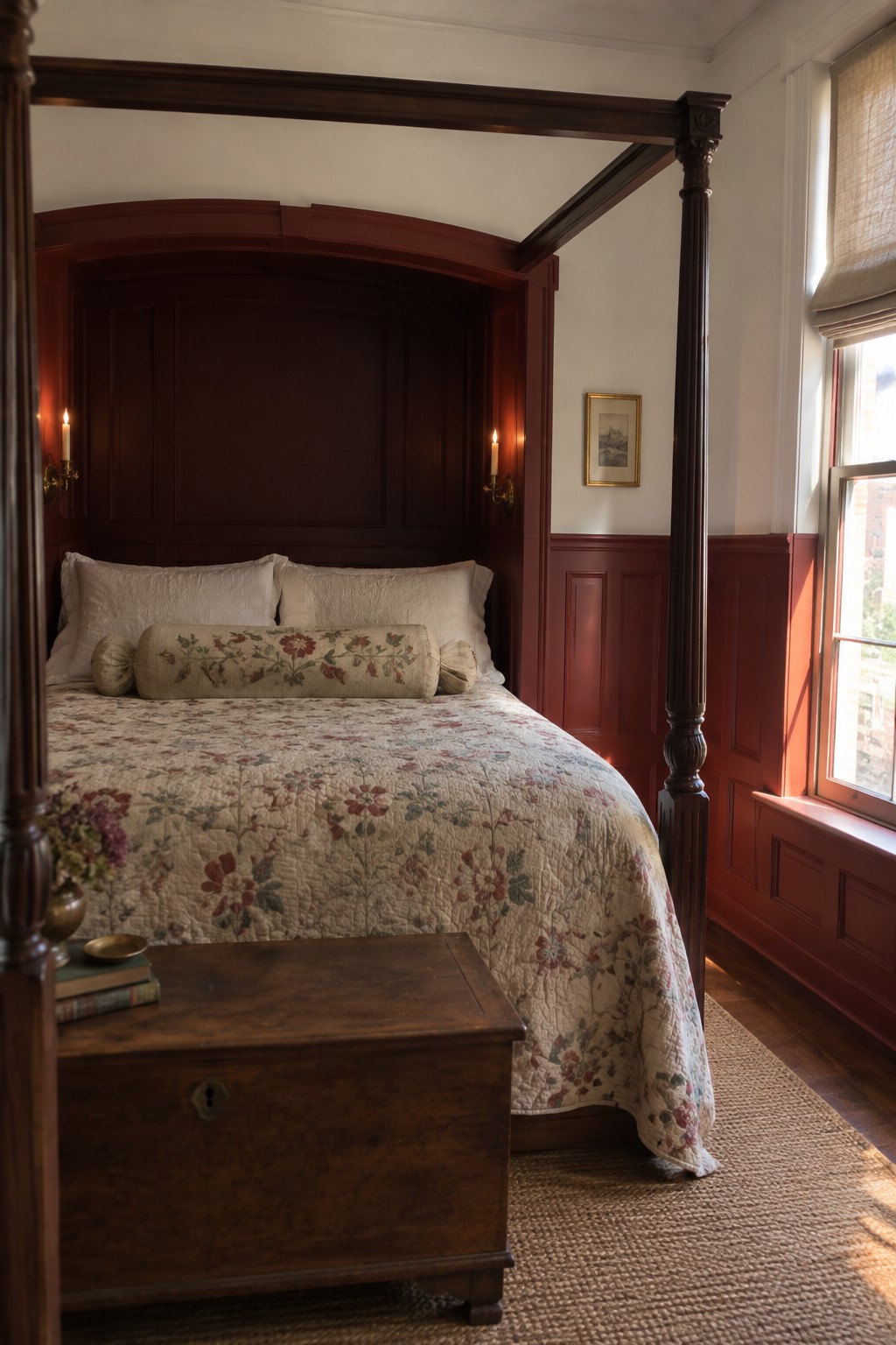 Four-poster bed with floral quilt in red-paneled room with lit candles and wooden chest.