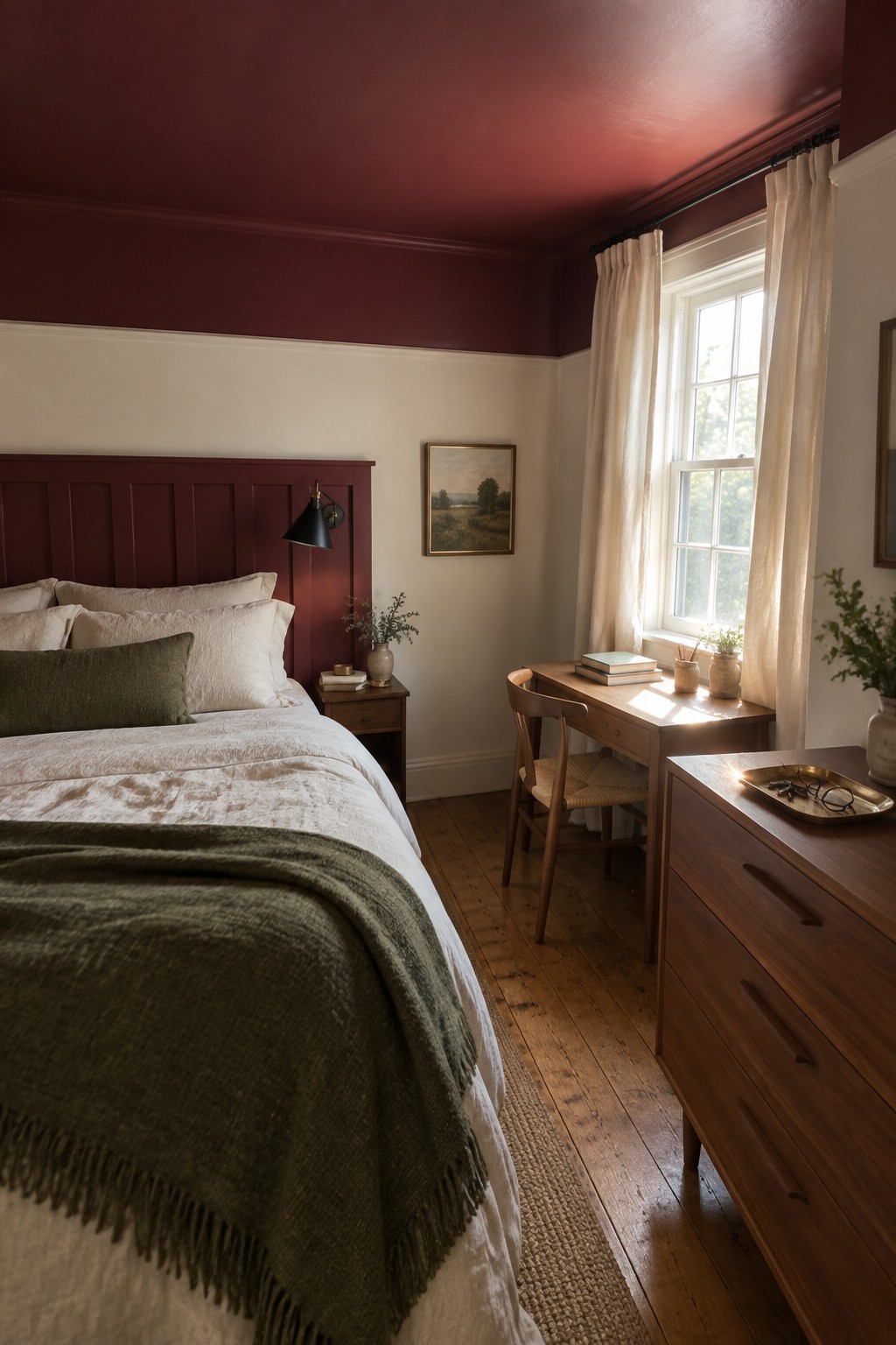 Deep oxblood red walls and ceiling painted in a bedroom with white trim and wood furniture.