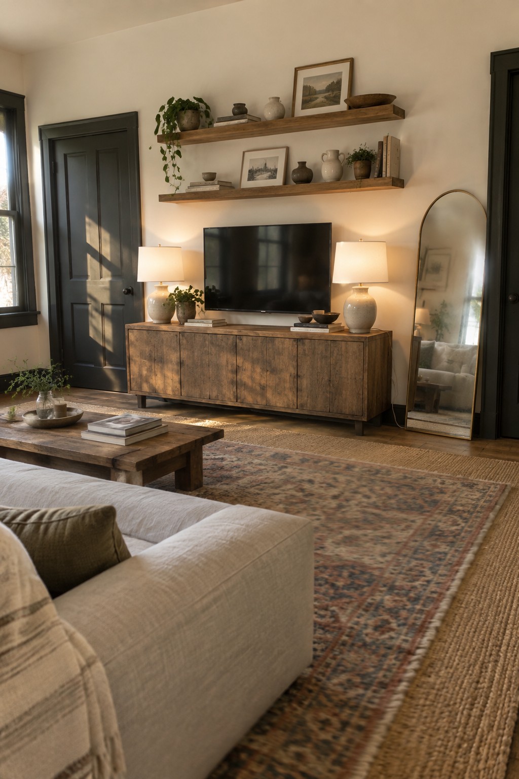 Living room walls in a warm off-white neutral beside dark trim and wood furniture.