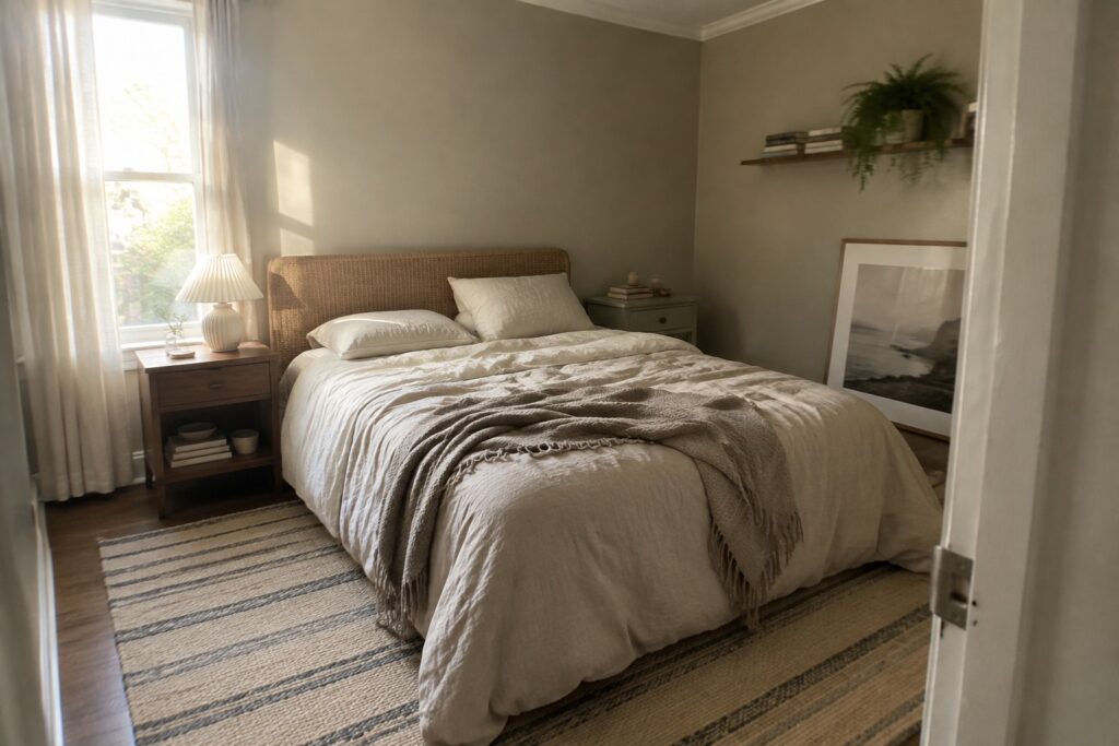 18 Practical Rental Home Paint Colors Using Versatile Low-Commitment Neutrals A bedroom with warm beige walls and a wooden bed frame.