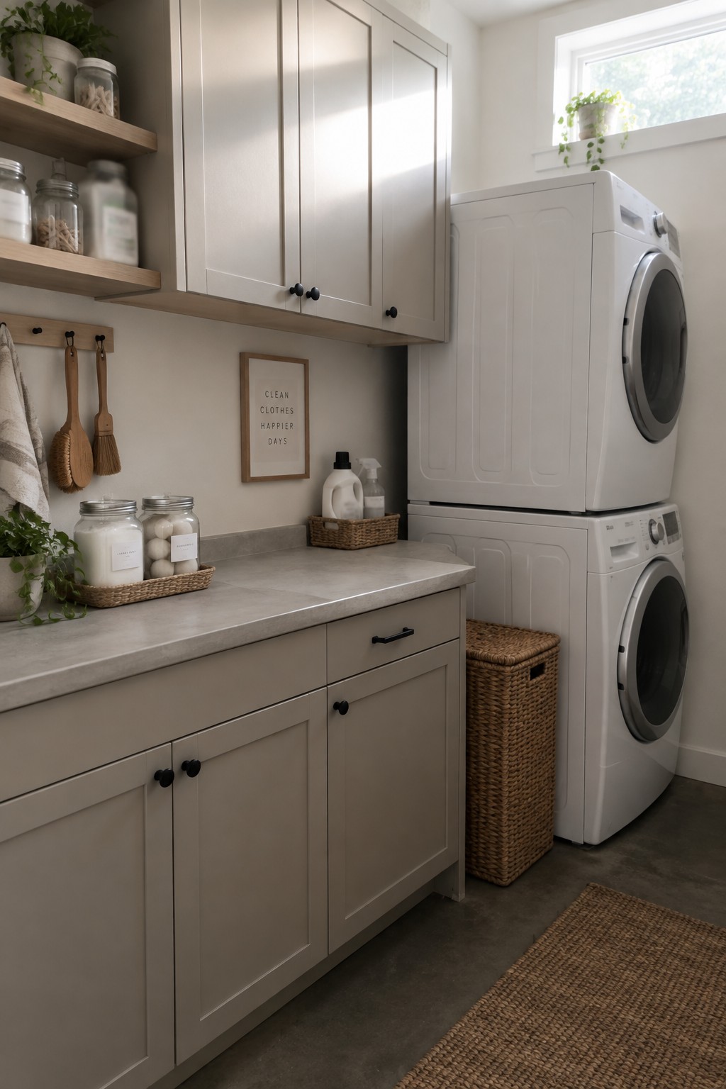 Laundry room with greige cabinets and a concrete countertop.