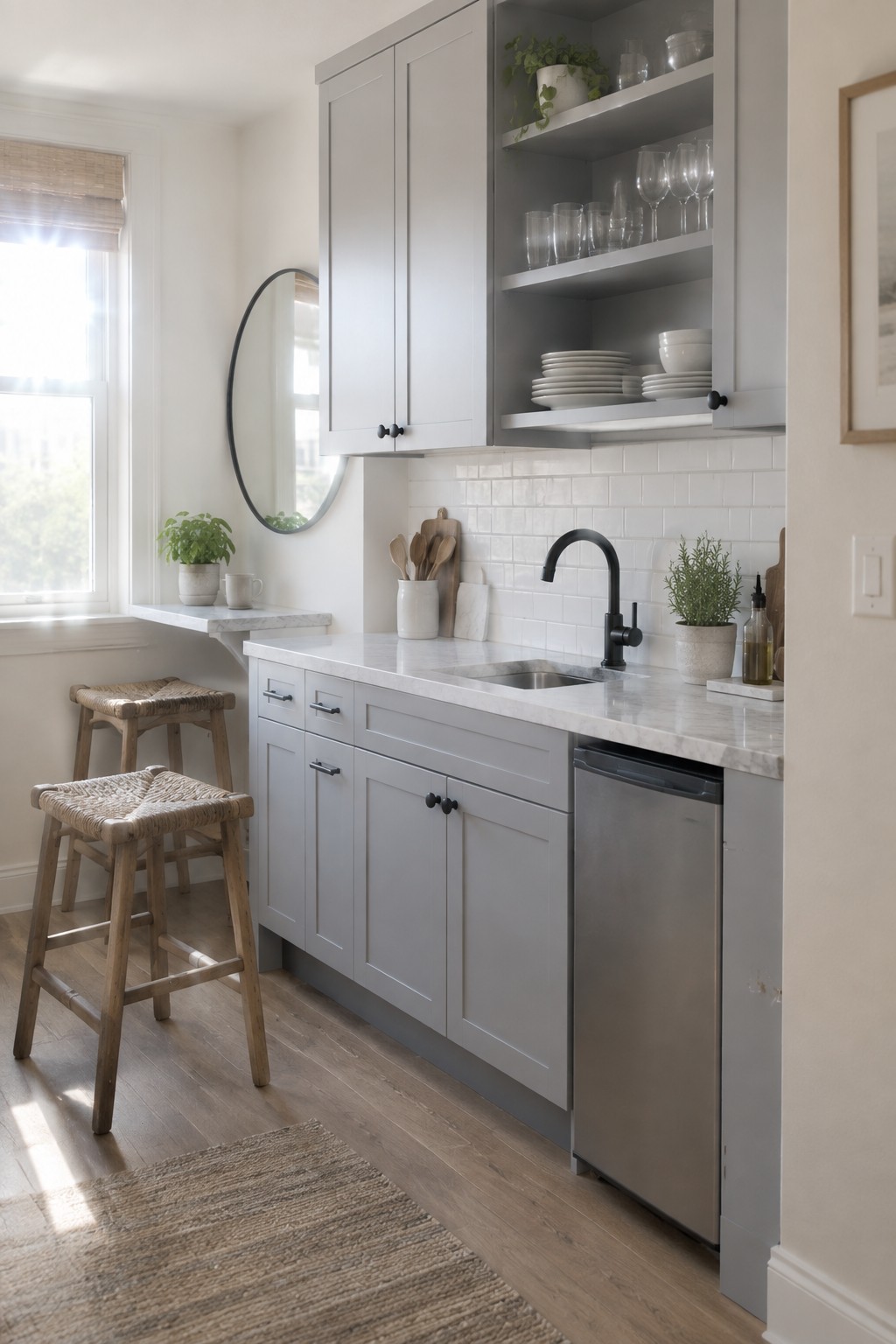 Light gray kitchen cabinets paired with white marble counters and subway tile.