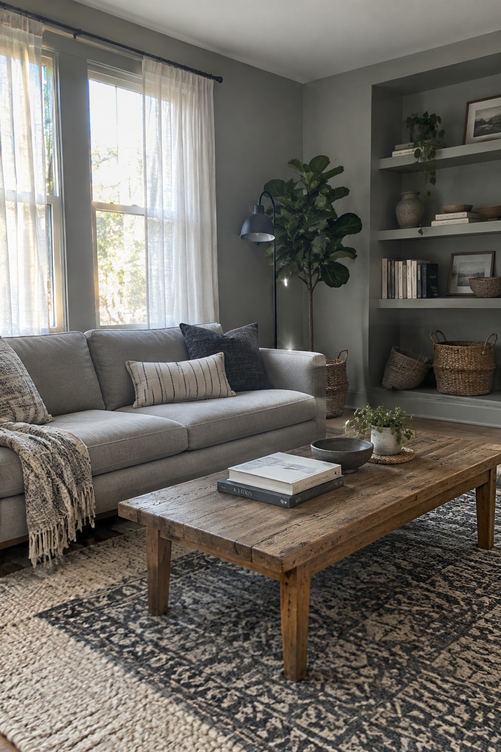 Living room walls painted in a mid-tone gray next to a wooden coffee table.
