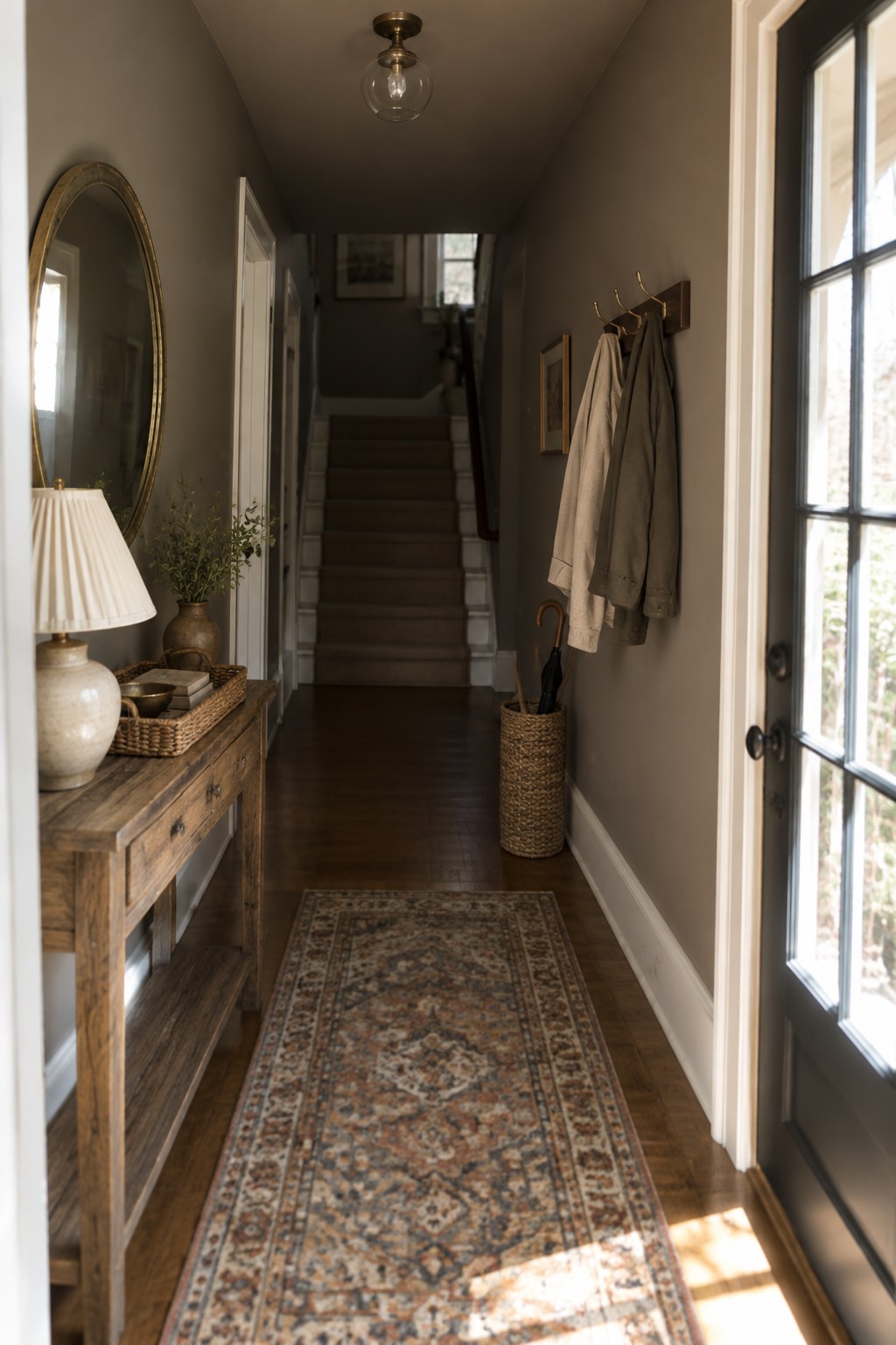 Narrow hallway with wooden console, round mirror, patterned rug, coat hooks, and stairs