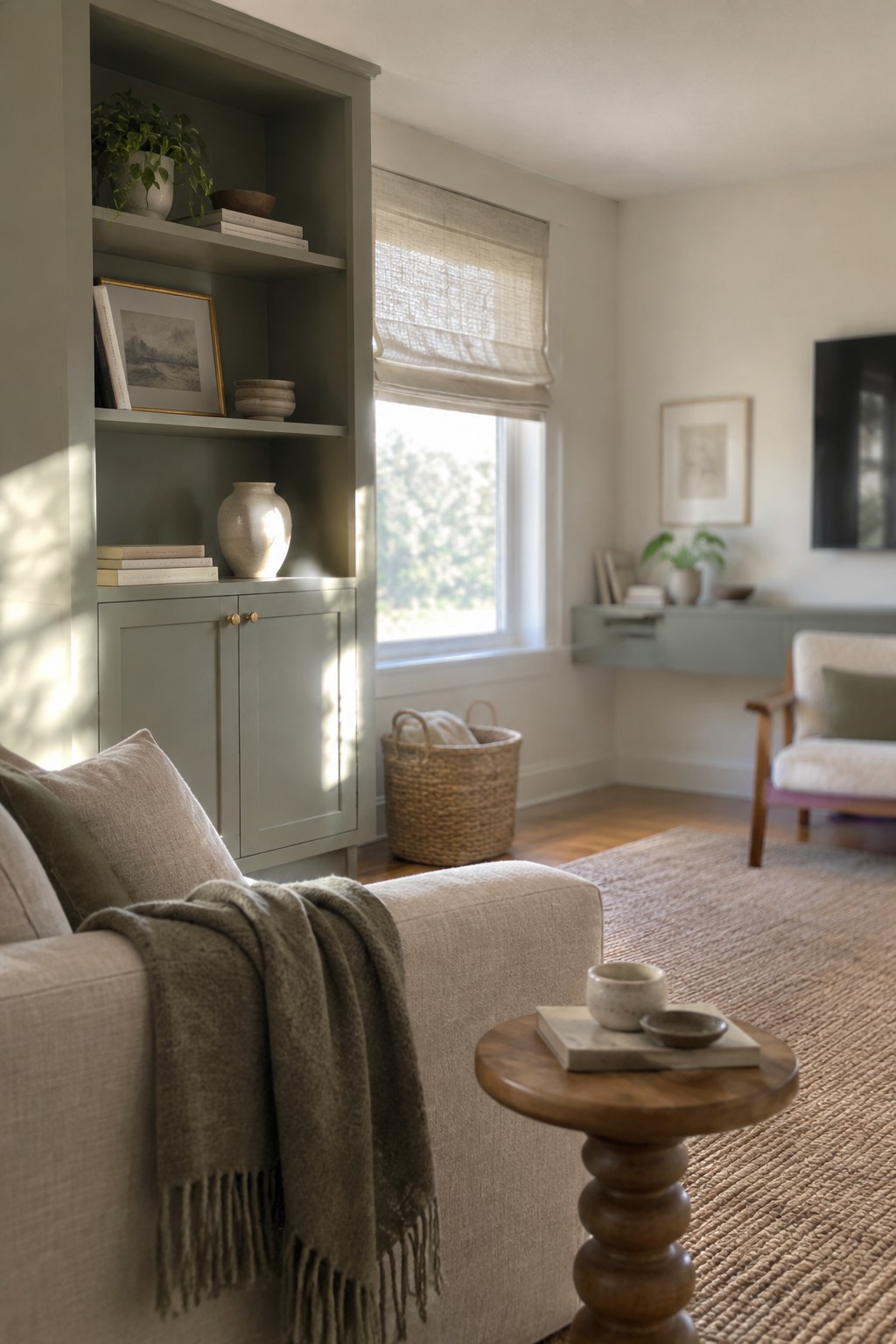 Built-in shelving and cabinets painted in a muted sage green inside a light living room.
