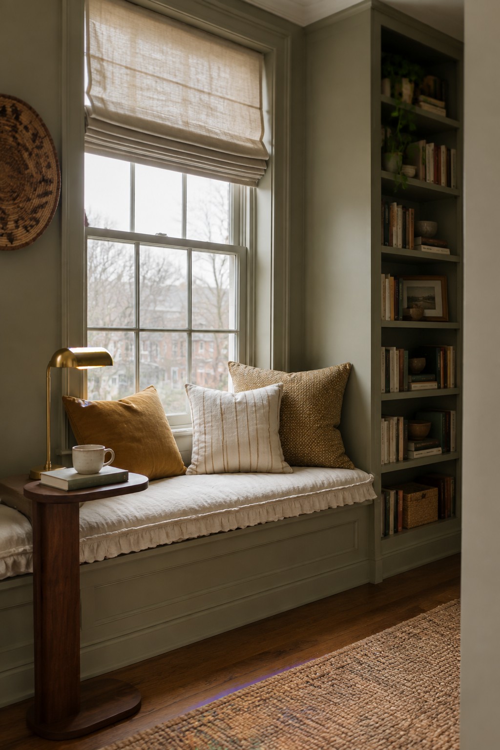 A window seat nook painted in soft sage green with matching built-in shelves.
