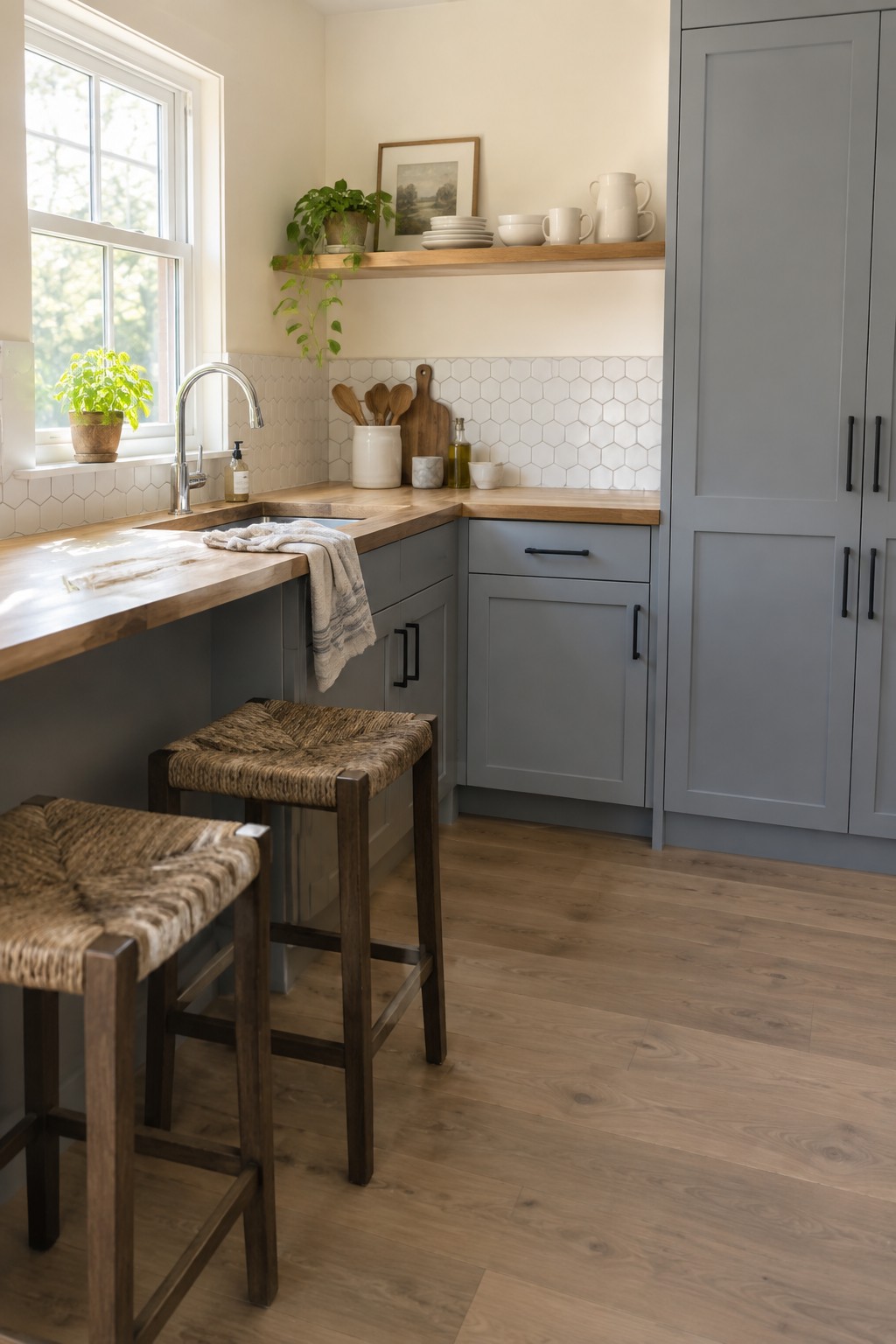 Gray blue kitchen cabinets paired with wood counters and a white tile backsplash.