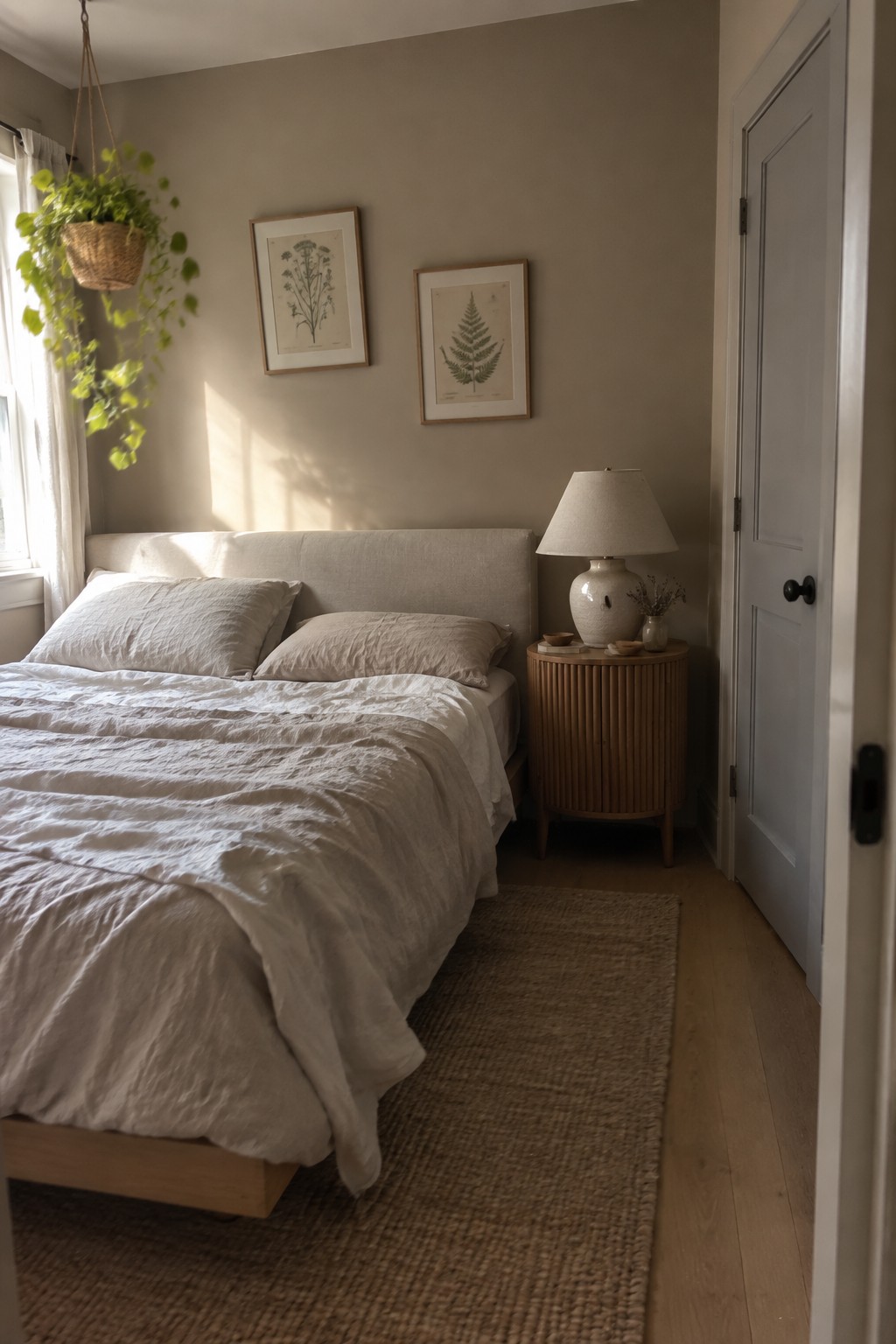 Soft warm beige walls in a bedroom with light wood furniture.
