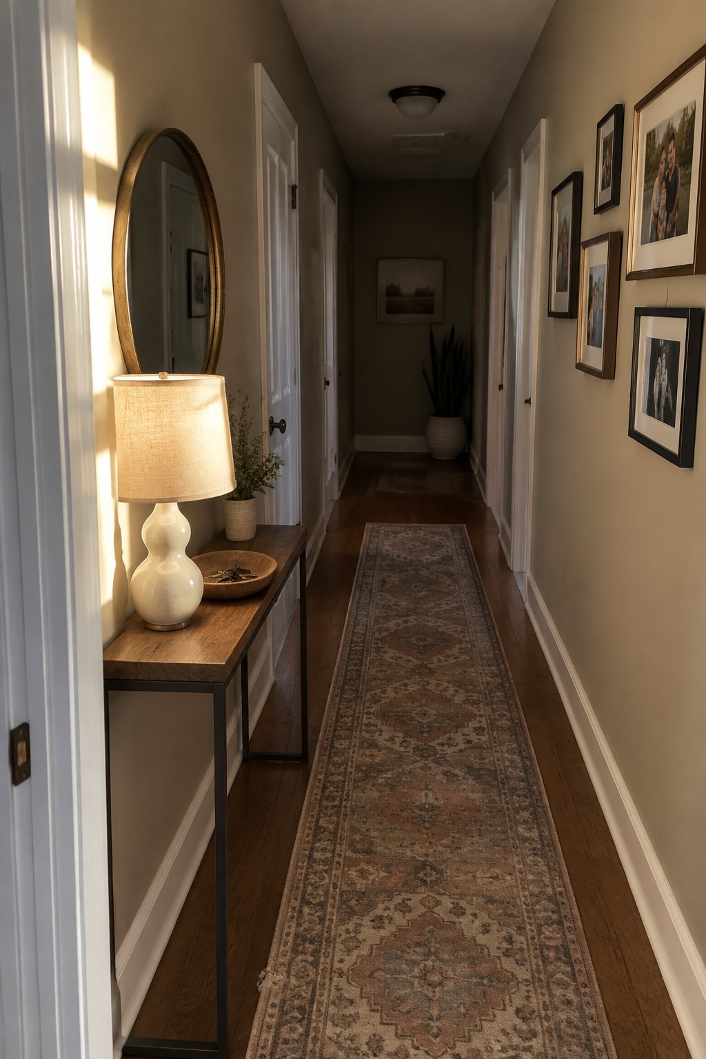Narrow hallway with runner rug, console table, lamp, mirror, and photo gallery wall.