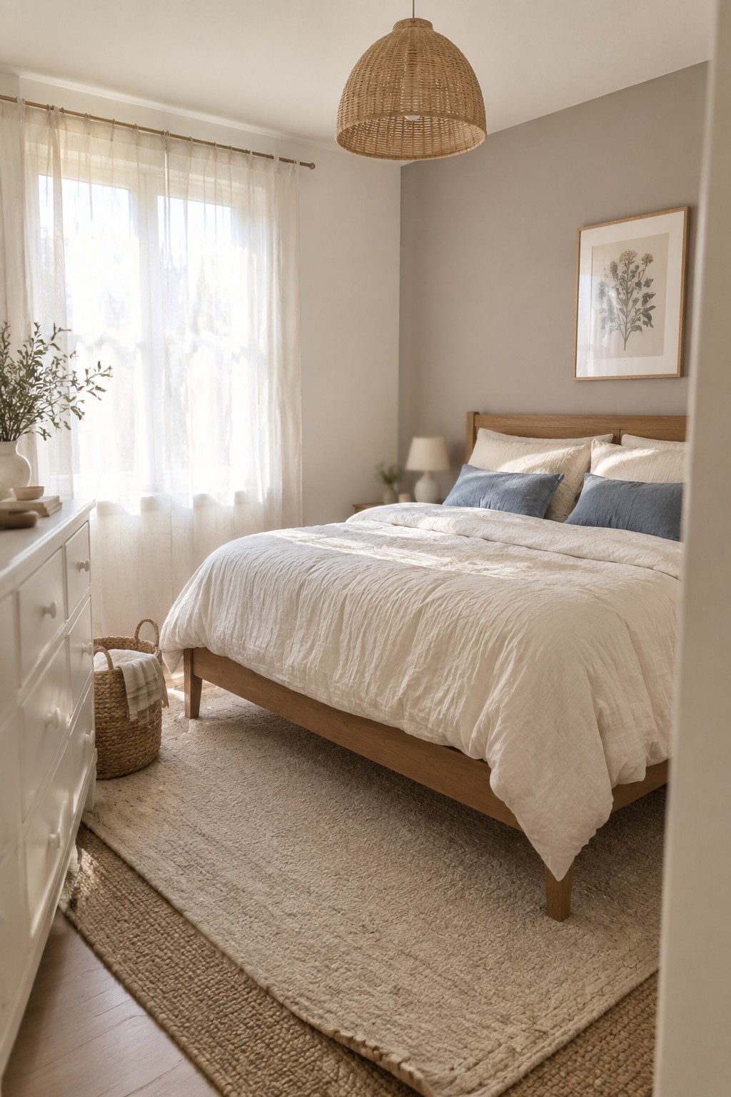 Cozy bedroom with wooden bed, white duvet, blue pillows, woven rug, and pendant lamp.