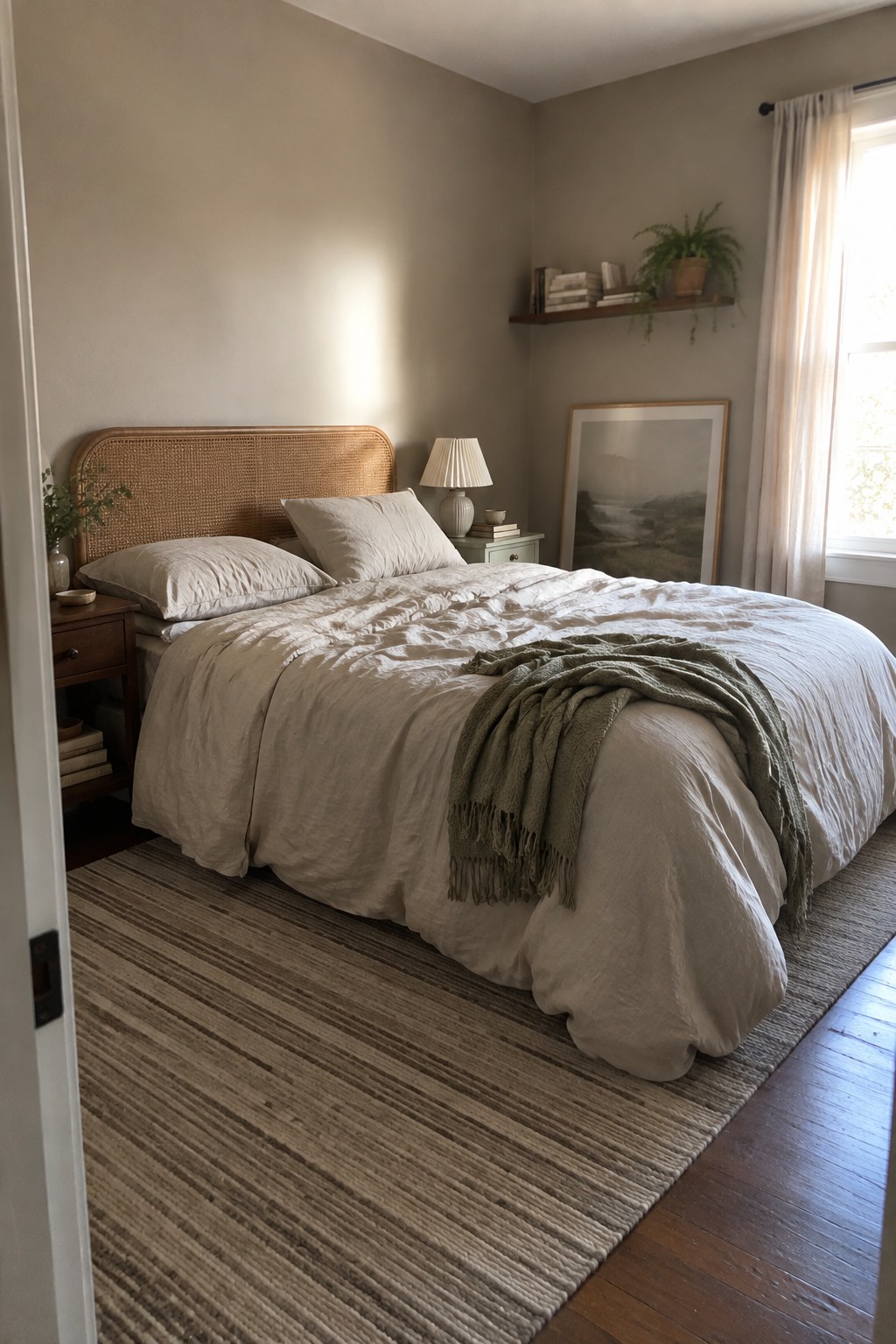 A bedroom with warm beige walls and a wooden bed frame.