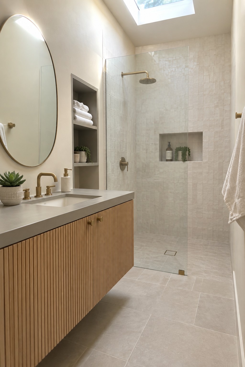 Modern bathroom with wood vanity, round mirror, beige tiled shower and skylight