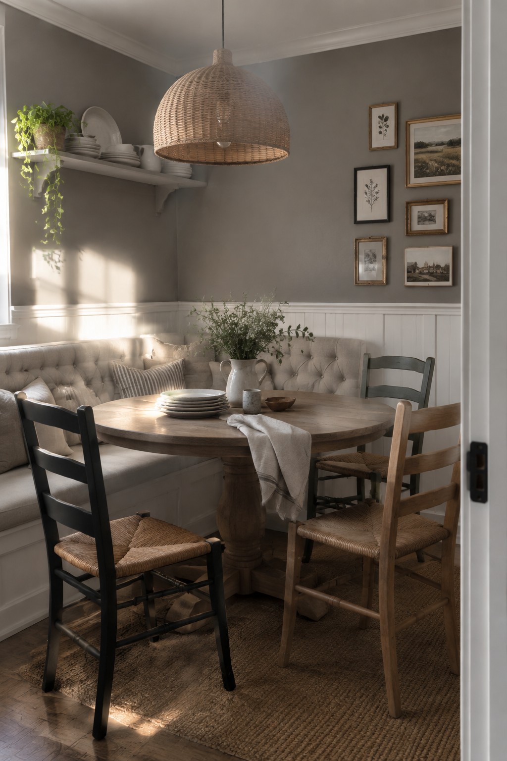 Warm gray walls painted above white wainscoting in a dining nook.