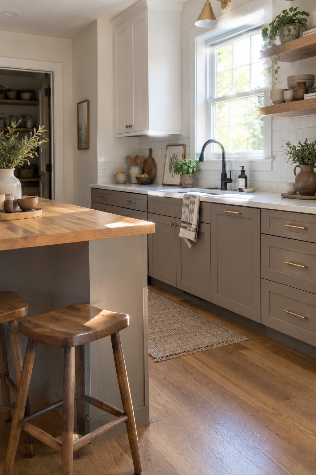 A kitchen with warm greige lower cabinets paired with a light wood island countertop.